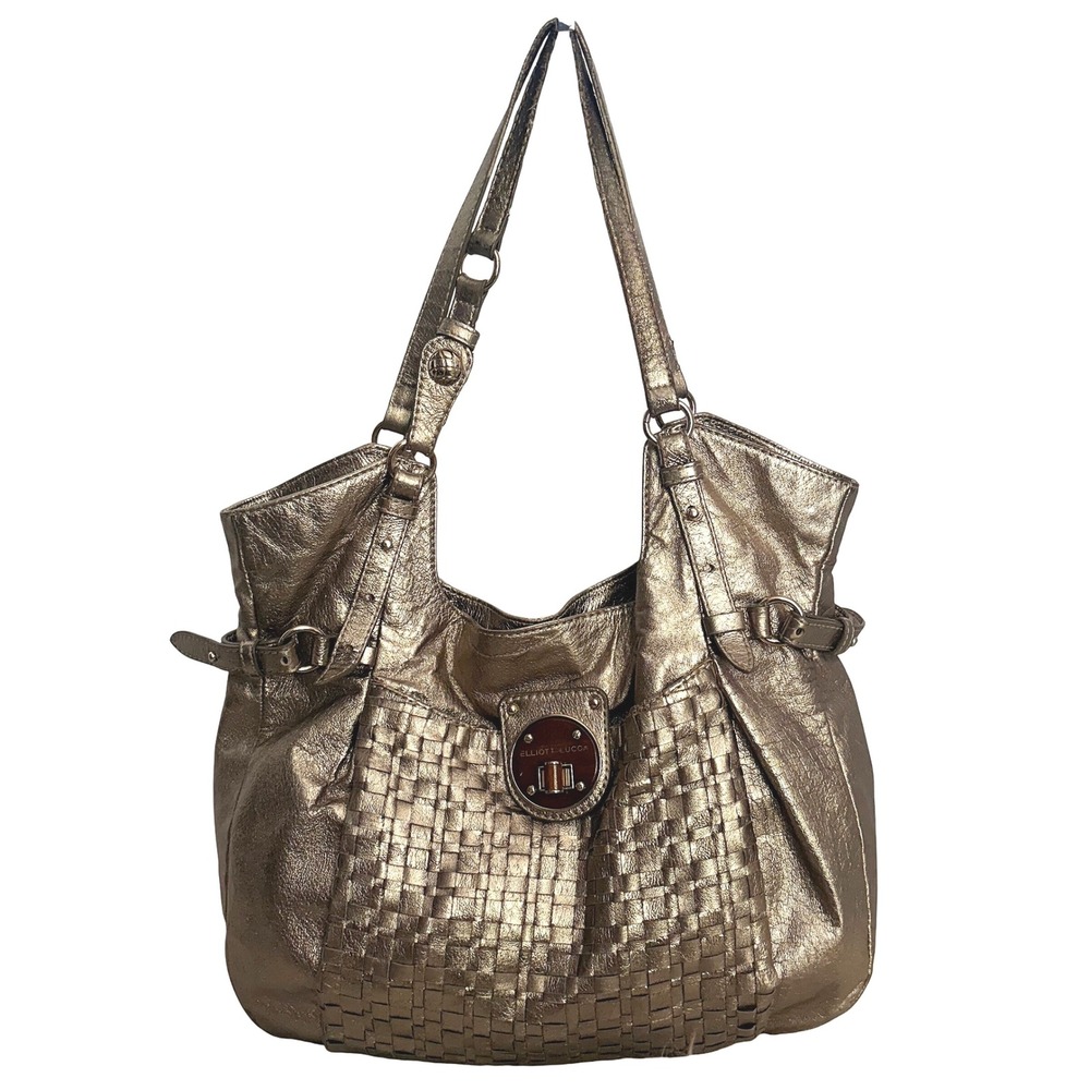 Elliott Lucca Metallic Bronze Woven Leather Shoulder Bag Tote 1000029927